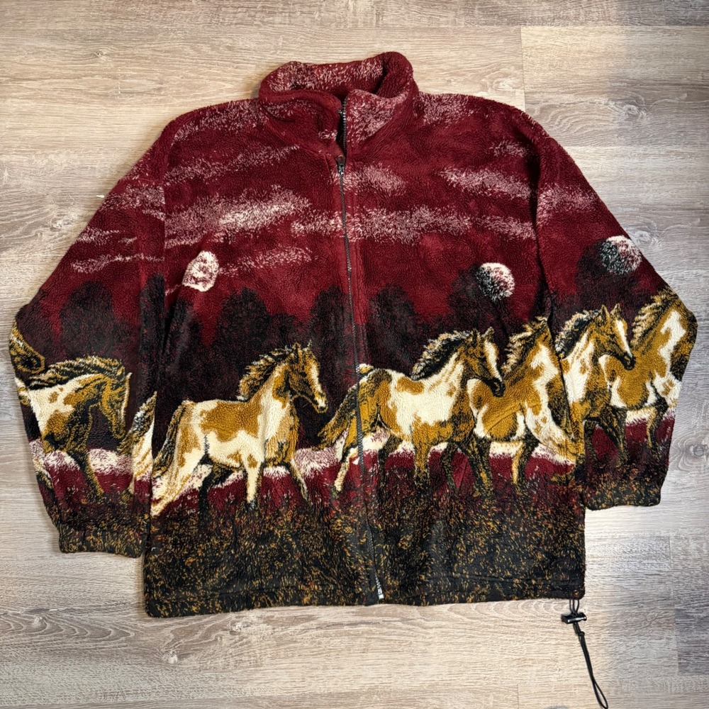 Natural Reflections Horse Fleece Jacket Mens Large Burgundy Full Zip Made in USA